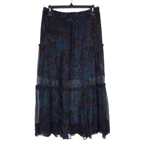 Coach Silk Chiffon Midi Skirt Tiered Front Slits Black Blue Floral Size 4